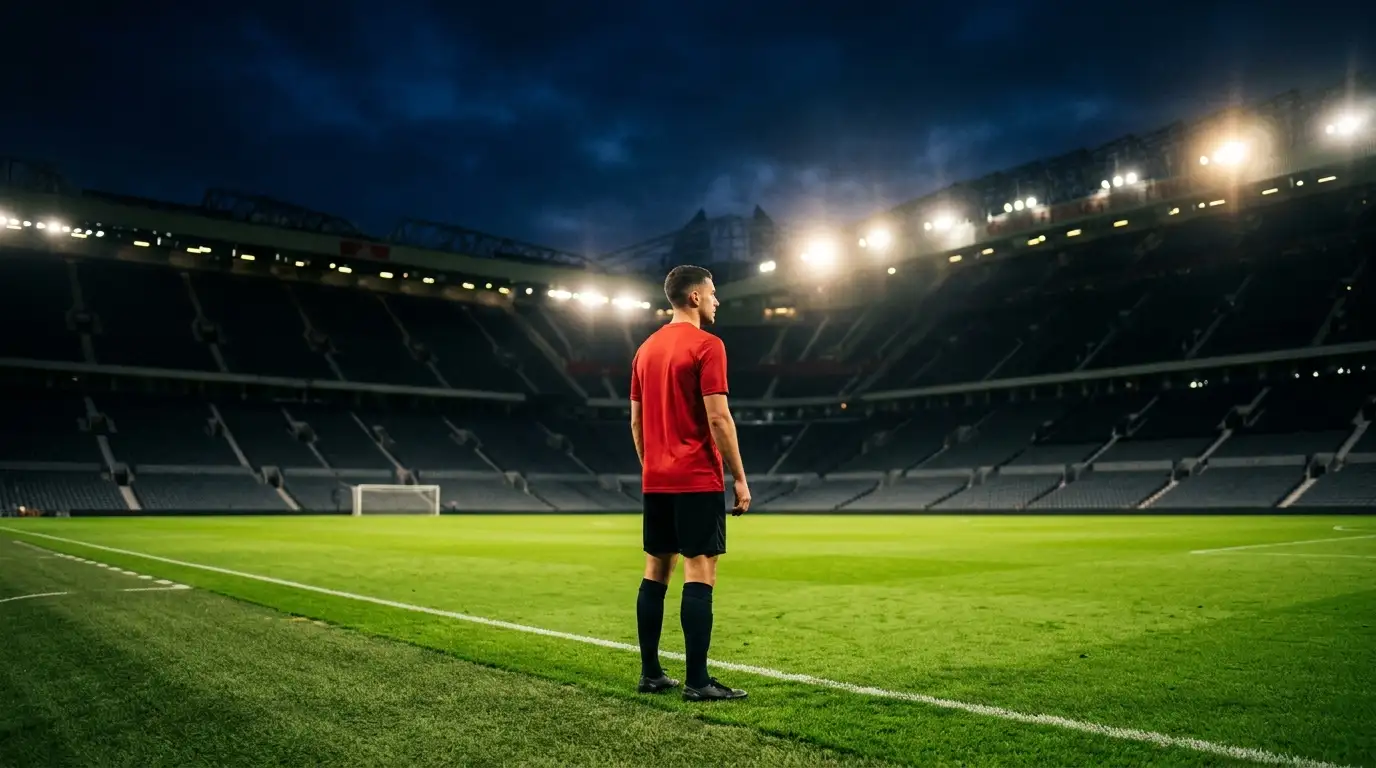 Ein Fussballspieler in rotem Nati-Trikot blickt konzentriert über ein nächtliches, offenes Stadion.