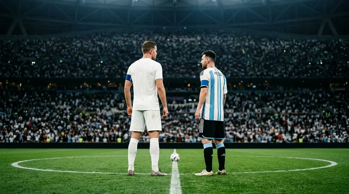 Zwei Spieler stehen sich vor dem Anpfiff im überdachten Stadion unter kühlem Kunstlicht gegenüber, einer im weissen Dress, der andere in den berühmten hellblau-weissen Streifen Argentiniens.