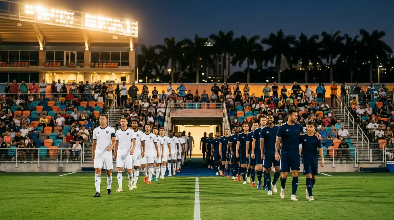 Zwei Mannschaften betreten bei warmem Abendlicht den Rasen eines Stadions in Miami, Palmen im Hintergrund.