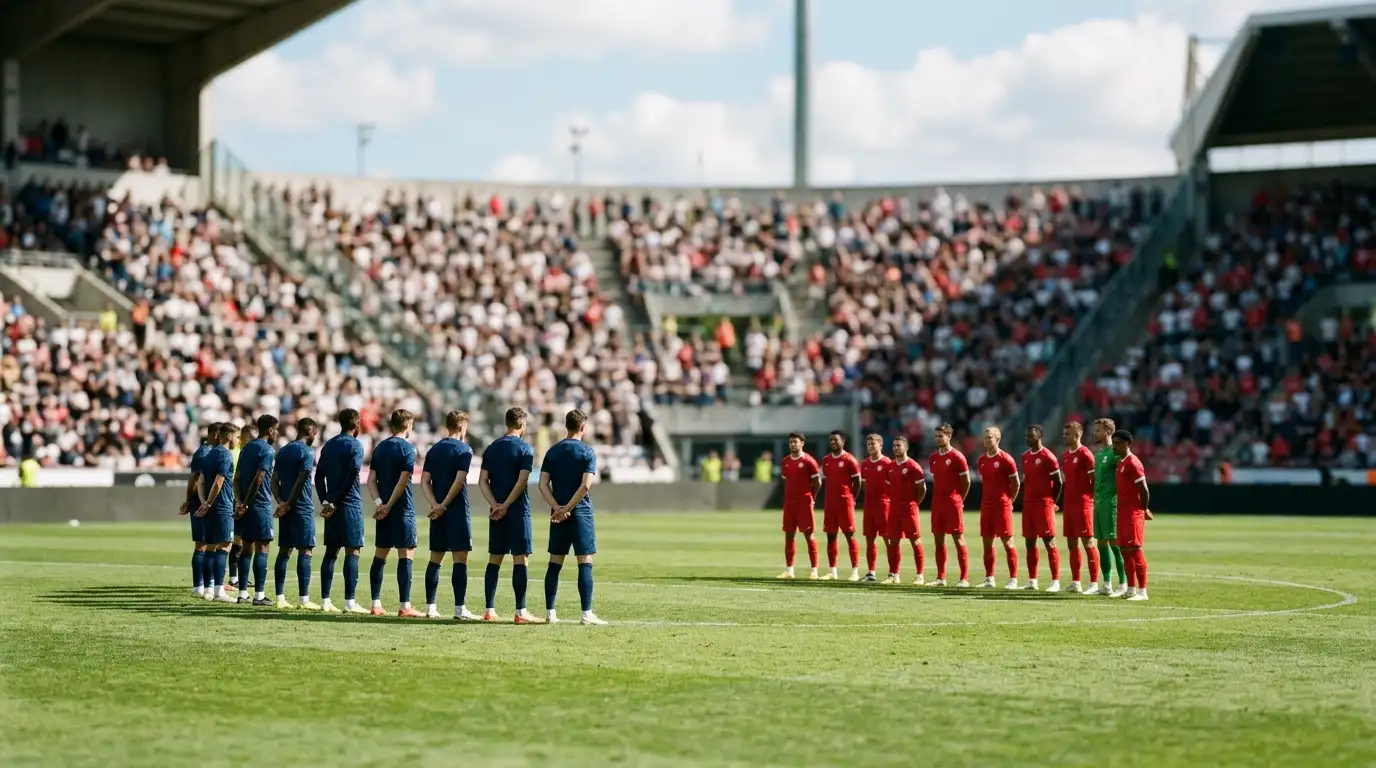 Zwei Fussballmannschaften in dunklen und roten Trikots stehen sich vor dem Anpfiff in einem sonnigen Stadion gegenüber.