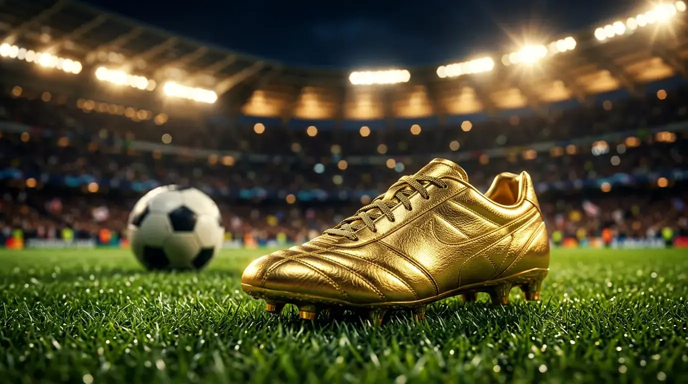Ein goldener Fussballschuh auf grünem Rasen unter Flutlicht, im Hintergrund unscharf ein Stadion.
