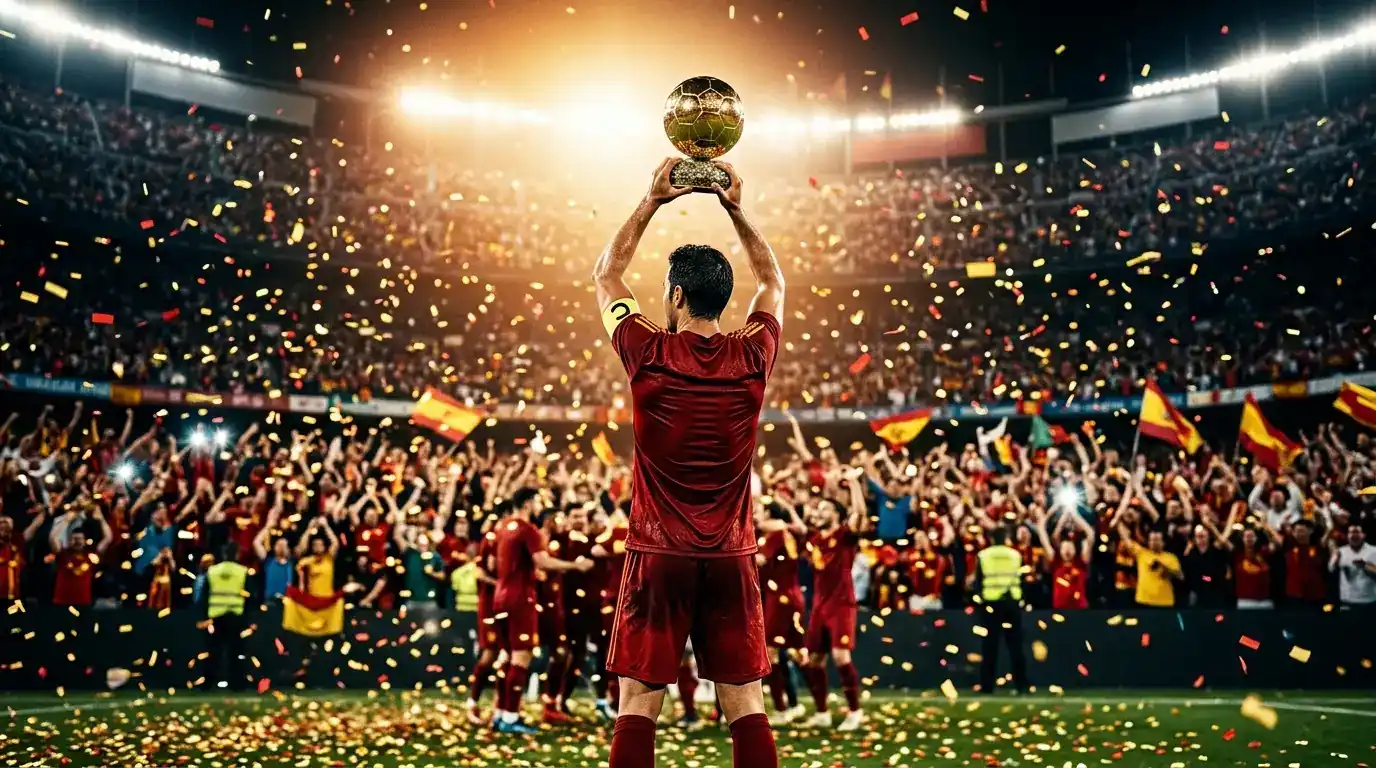 Zwei Fussballer stehen sich in einem Stadiontunnel gegenüber, goldenes Licht fällt von oben, ein Pokal schimmert zwischen ihnen.