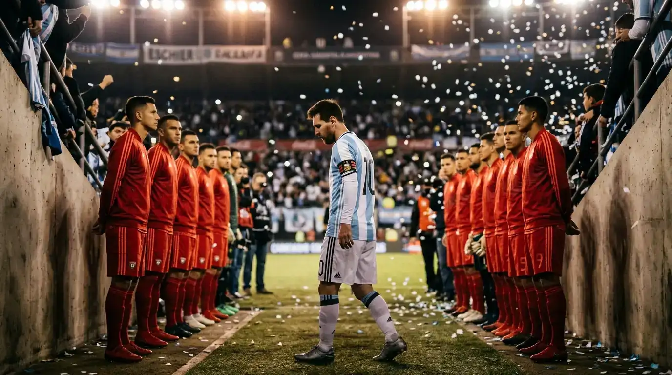 Argentinischer Kapitän im hellblau-weissen Trikot steht mit gesenktem Blick auf dem Rasen, spanische Spieler in Rot bilden im Hintergrund eine Gasse als Ehrenspalier, warmes Flutlicht, dramatische Stille.
