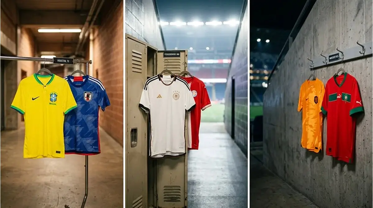 Trainerbank-Szene in einem WM-Stadion, ein älterer Trainer in einem dunklen Anzug steht mit verschränkten Armen am Spielfeldrand, im Hintergrund unscharf eine WM-Banderole