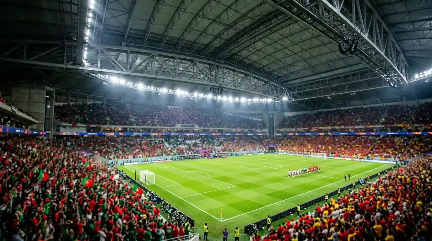 Ein grosses überdachtes Stadion bei Flutlicht, zwei Nationalfarben in den Rängen, Rasen hell erleuchtet vor dem Anpfiff.