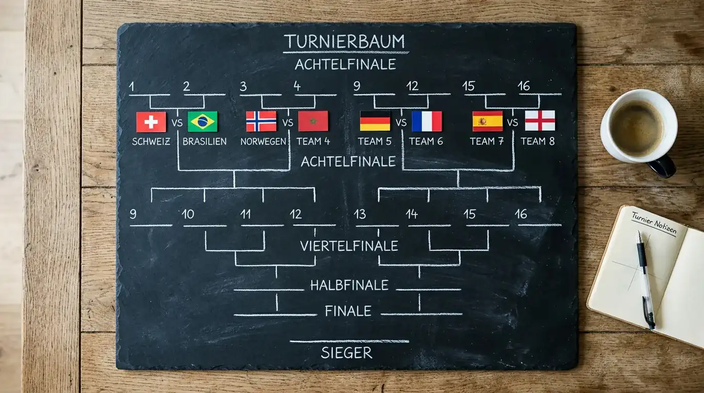 WM 2026 Achtelfinal-Spielbaum als grafische Darstellung mit 16 Mannschaften, verbunden durch Linien zu den Achtelfinal-Duellen.
