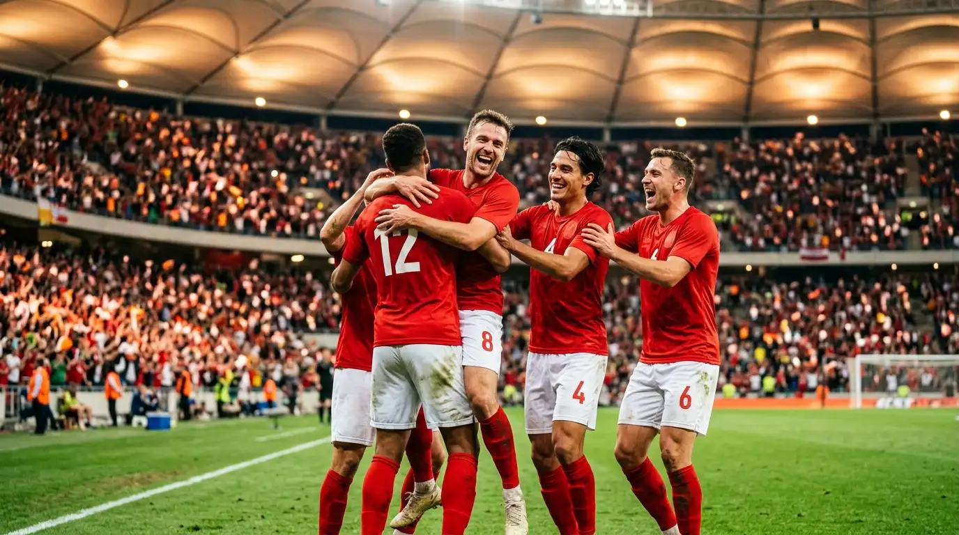 Fussballspieler in roten Trikots feiern vor einer voll besetzten Tribüne unter einem geschlossenen Stadiondach.