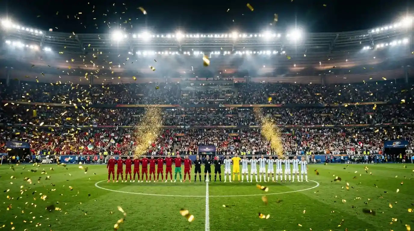 Zwei Mannschaften in der Aufstellung vor dem WM-Final in einem vollen Stadion, goldenes Konfetti in der Luft.