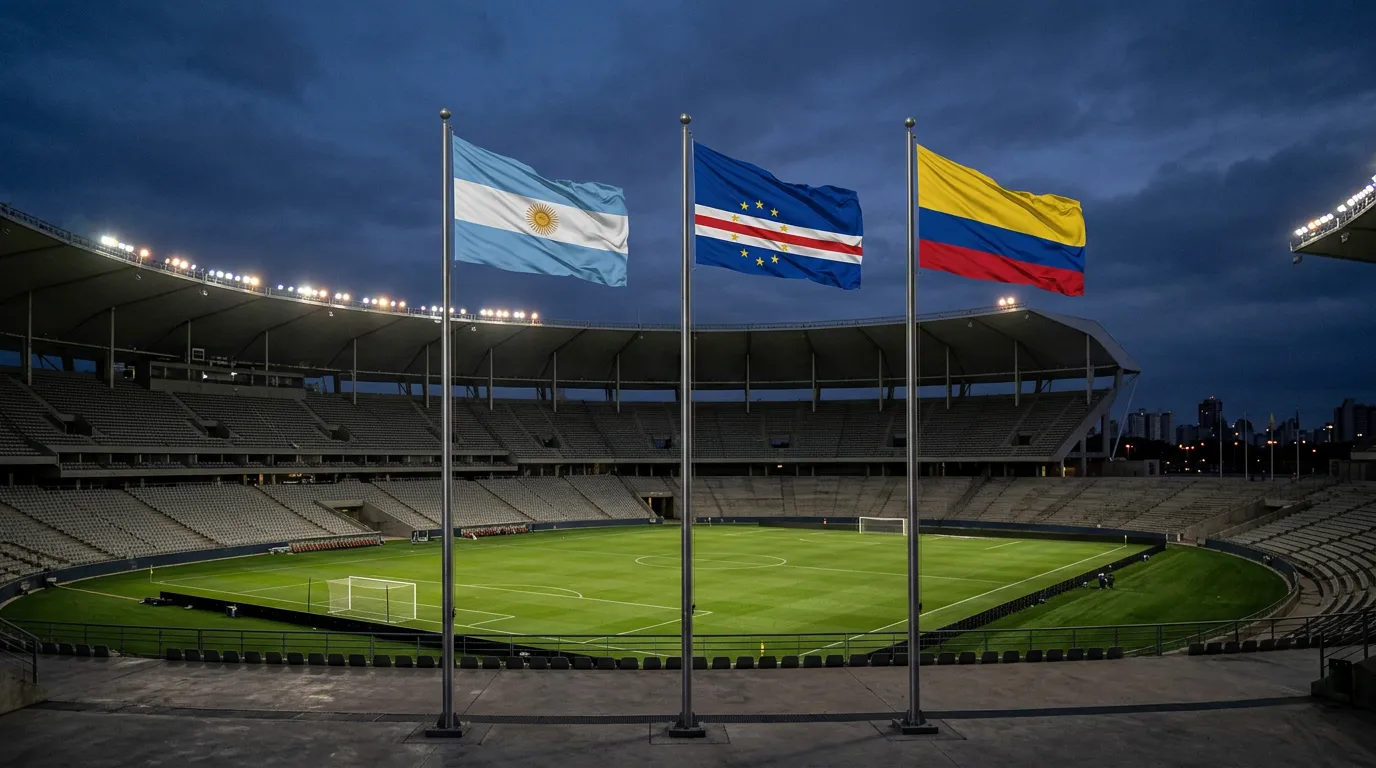 Drei Fahnen vor einem Stadion in der Abenddämmerung: Argentinien, Kap Verde und Kolumbien.