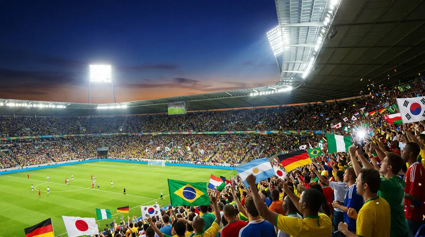 WM 2026 Stadion mit Fans und Flaggen der Teilnehmerländer
