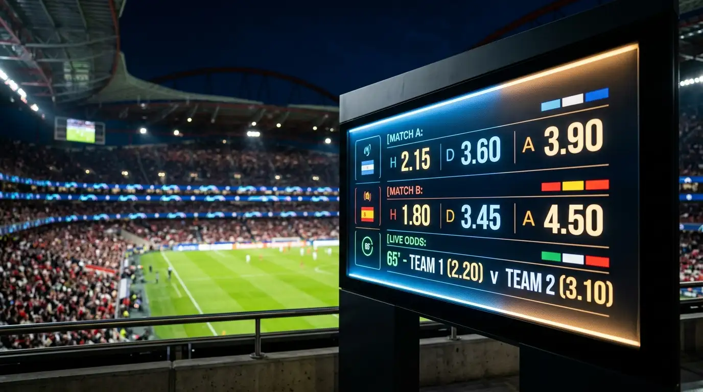 Eine Anzeigetafel-Optik mit Quotenwerten und Länderfarben, im Hintergrund unscharf ein Fussballstadion bei Nacht.