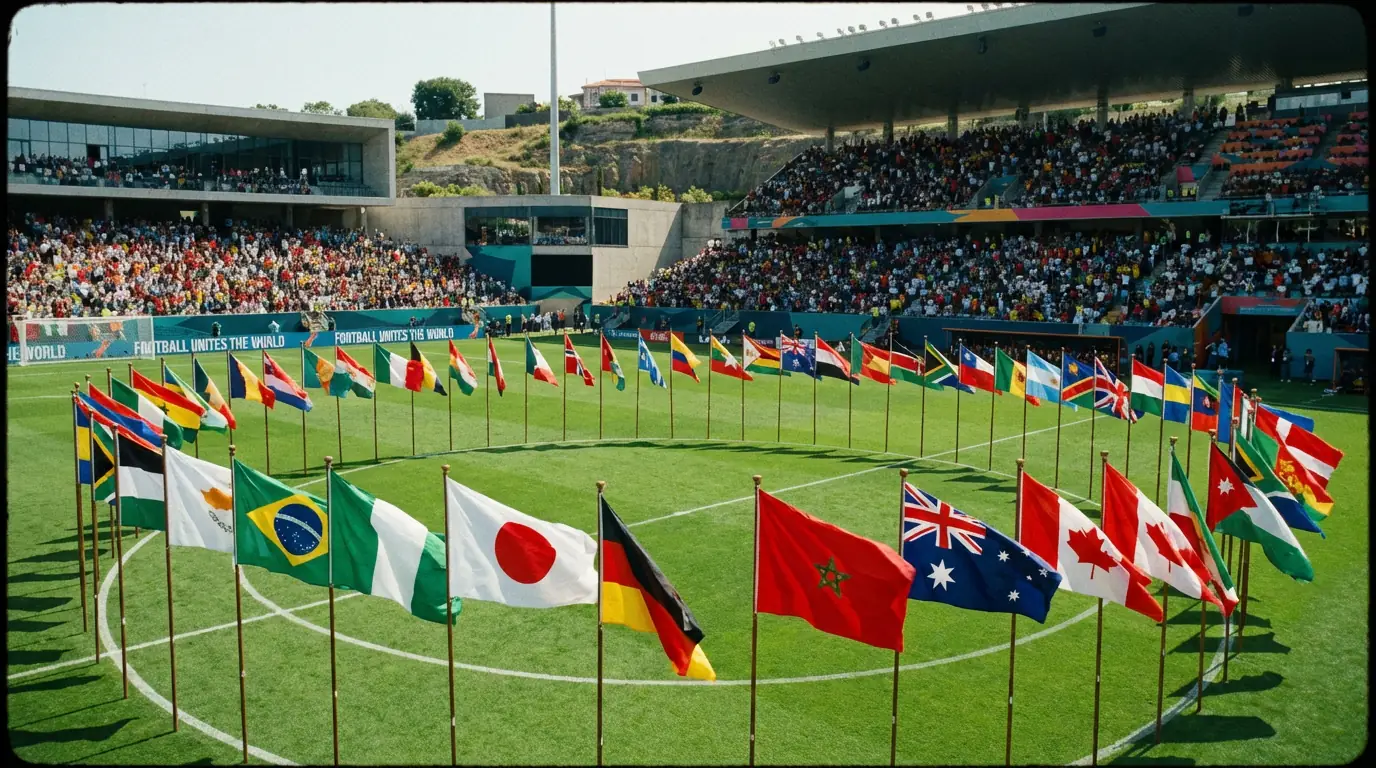 Flaggen der 48 WM-Teilnehmerländer auf Fußballfeld