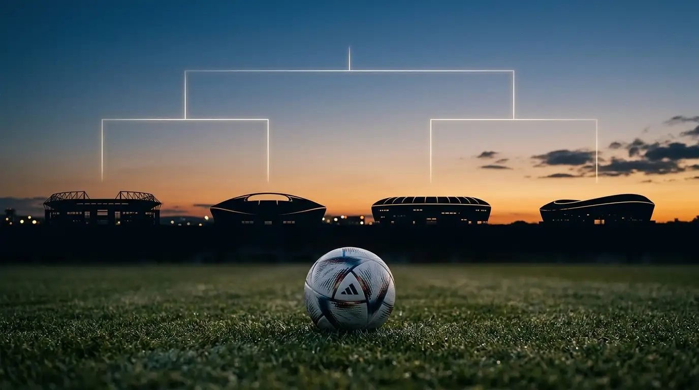Vier Fussballstadien-Silhouetten bei Abendlicht, davor ein K.-o.-Baum mit vier Paarungen angedeutet.